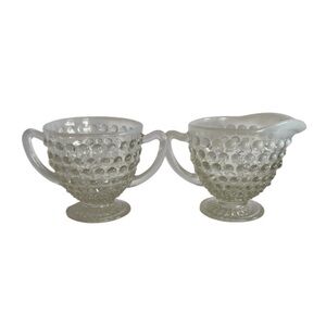 Vintage Anchor Hocking Cream & Sugar Opalescent Moonstone Hobnail Design 1940's